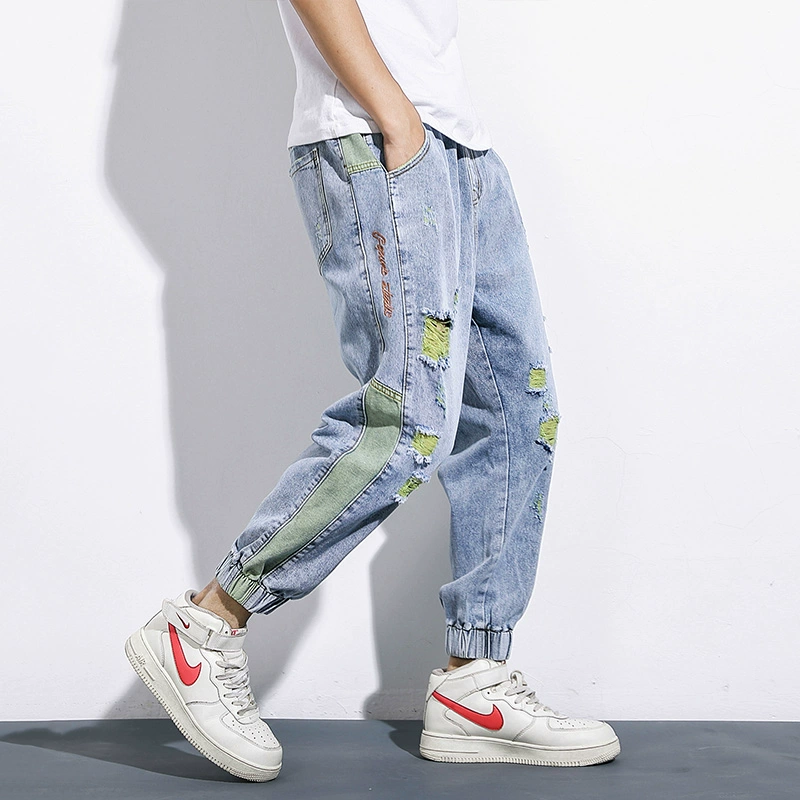 Mùa hè quần jeans rách sáng màu phiên bản nam Hàn Quốc của xu hướng tự tu luyện chân quần cho nam quần harem giản dị quần tây - Quần jean