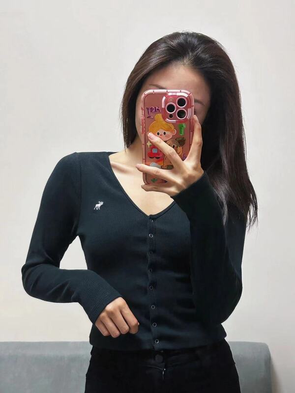 Autumn and Winter Af Long-Sleeve Slim-Fit Embroidered Reindeer T-Shirt Henry-Style Pure Cotton Base Knitwear Ribbed V-Neck Top for Women