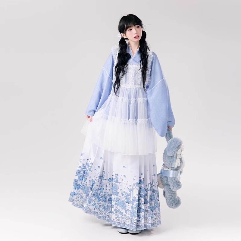 [Cat Play Celadon] White Horse Face Skirt Makeup Flower Pipa Sleeve Blue Hanyang Eclectic Han Dynasty Suit Daily Summer and Autumn