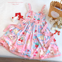 Last single hgl sweet lace little flying sleeves cute strawberry dessert print bow suspender dress