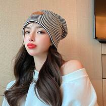 Net red pile hat womens face small hat autumn and winter knitted hat thin American cold hat big head wrap head cap