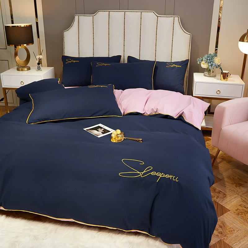 Bộ đồ giường bốn mảnh kiểu Bắc Âu của thập niên 40 Lụa giặt Tencel Giường lụa băng thêu màu đơn giản Vỏ chăn màu đơn giản 1,5m1,8 - Bộ đồ giường bốn mảnh