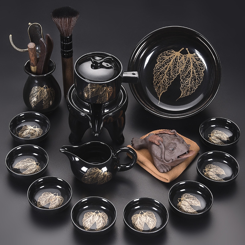 Hk xin rui temmoku built light gold konoha lamp automatic tea set suit household lazy man stone mill of a complete set of automatic tea set