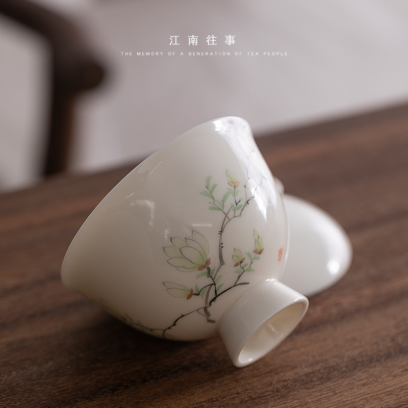 Jiangnan hand draw yulan tureen past pure manual glaze color only white porcelain tureen three cups household single tea bowl