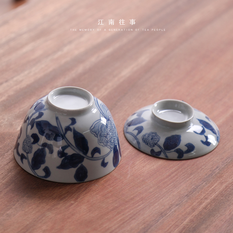 Blue and white peony tureen jiangnan past ceramic cups kung fu tea set large home three bowl of tea tea bowl