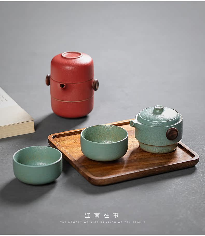 Jiangnan past contracted coarse pottery cup to crack a pot of two cups of portable travel package ceramic tea set teapot teacup