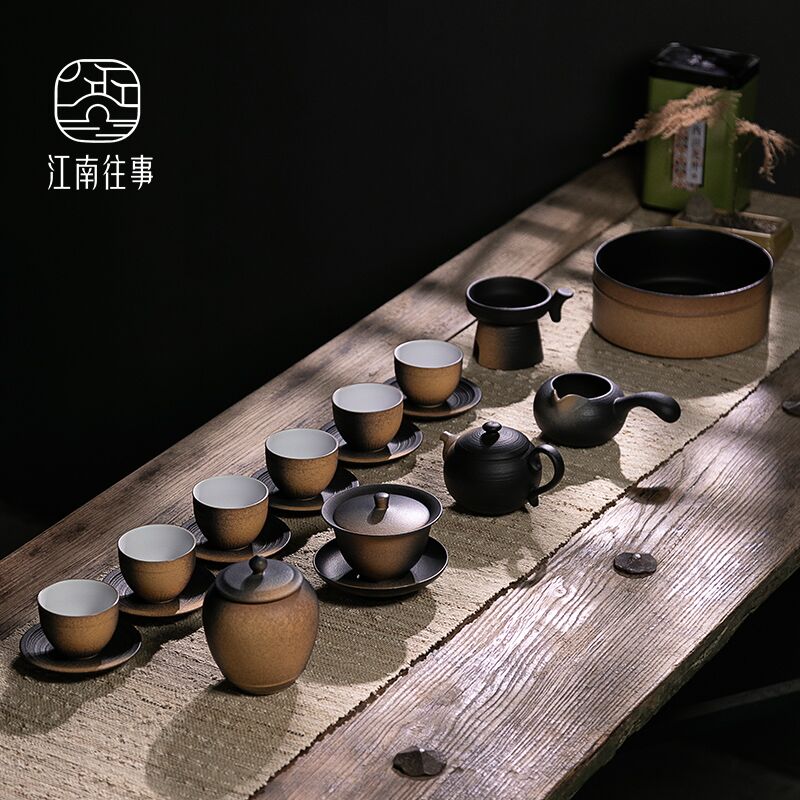 Jiangnan past tureen tea set fu jade and coarse ceramic kung fu tea set household Chinese teapot set