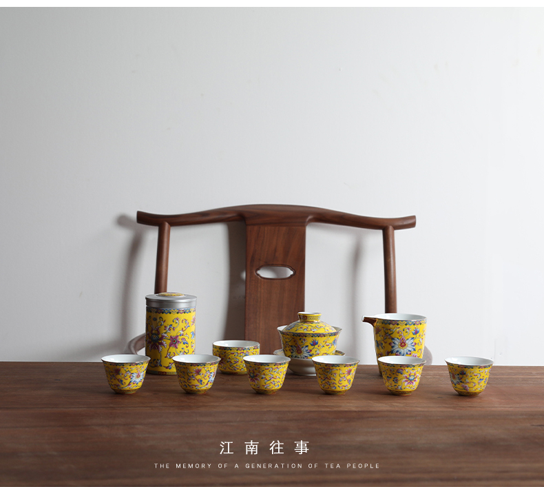 Jiangnan past colored enamel porcelain kung fu tea set suit household tureen tea cup of the tea pot of a complete set of gift boxes