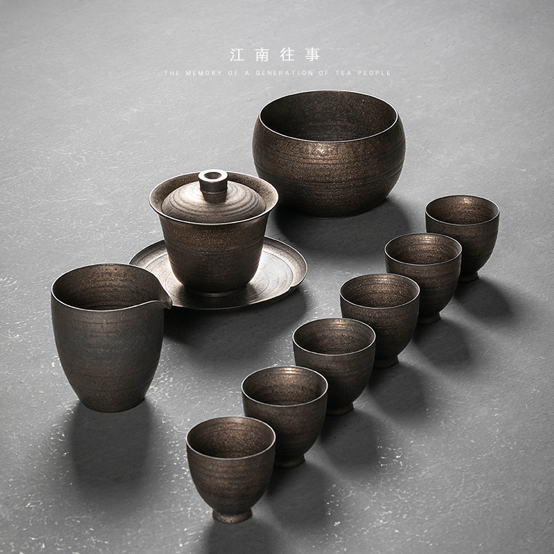 Jiangnan tea sets tureen home past manual iron glaze ceramic bowl kung fu tea cups a complete set of a small set of type