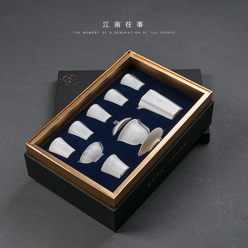 Jiangnan past five emperors currency white porcelain tureen tea set suet jade cup grain ceramic kung fu tea set home