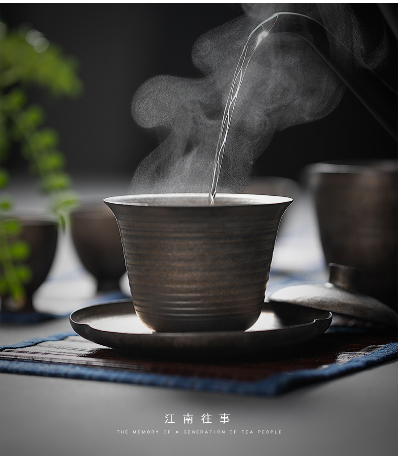Jiangnan tureen past kung fu suit household ceramic glaze iron hand tea cup tea gift of a complete set of restoring ancient ways