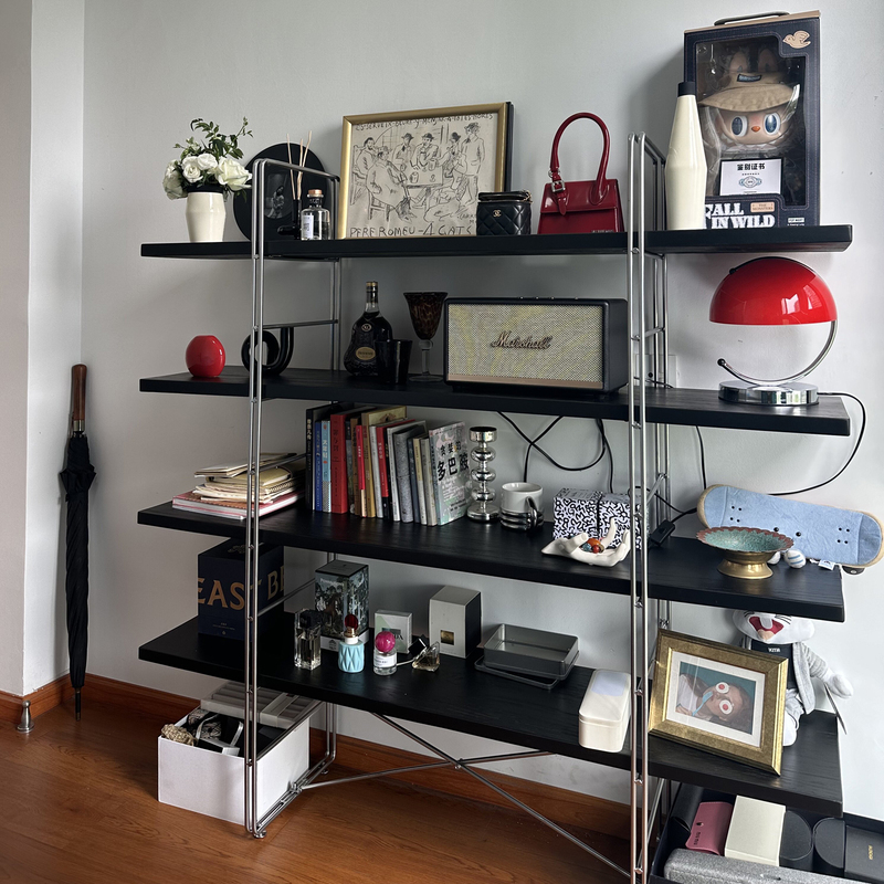 Bauhaus Wall-Mounted Multi-Layer Floor-Standing Storage Shelf, Living Room Bookshelf, Vintage Solid Wood Storage, Black Display Storage, Widened Version Bauhaus Wall-Mounted Multi-Layer Floor-Standing Storage Shelf, Living Room Bookshelf, Vintage Solid Wood Storage, Black Display Storage, Widened Version