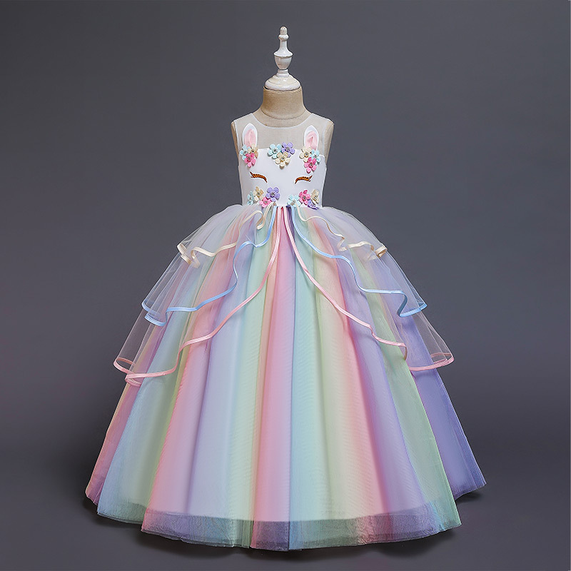 2020 New European and American Style Dress for Girls, Unicorn Children's Mesh Rainbow Princess Dress