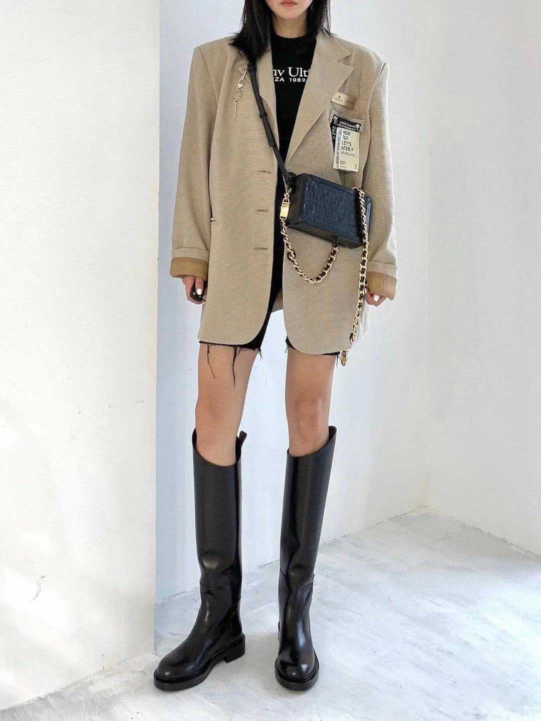 Black VelvetAhigo Same 2020 Autumn and winter new pattern British style section Irregular Middle cylinder Below the knee Thick heel Versatile Women's Boots