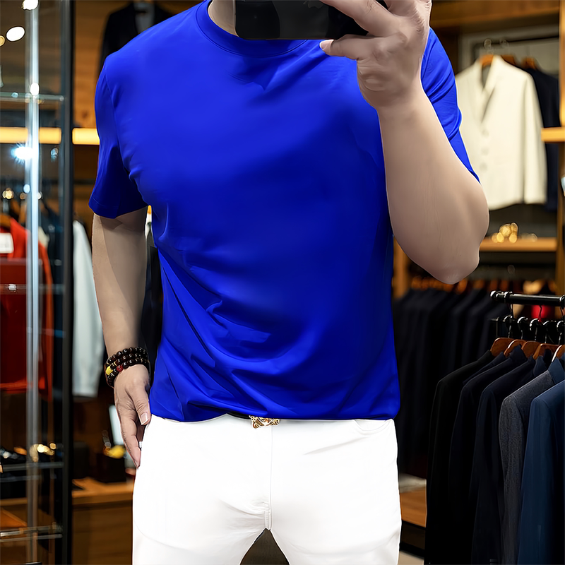 Blue Slim-Fit Jade Silk Round-Neck Short-Sleeve Men's T-Shirt, Mercerized Cotton, High-End Genuine Ice Silk, Thin and Smooth Youth Base Shirt Blue Slim-Fit Jade Silk Round-Neck Short-Sleeve Men's T-Shirt, Mercerized Cotton, High-End Genuine Ice Silk, Thin and Smooth Youth Base Shirt