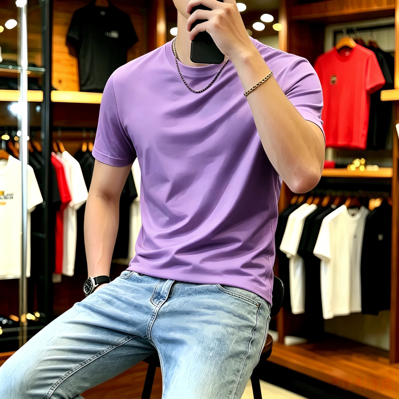 Men's Short-Sleeved Round-Neck T-Shirt Made of Mercerized Long-Staple Cotton, Plus Size, Ice Silk Smooth Material, Slim Fit, Purple, Cool-Feeling Base Shirt, 5XL