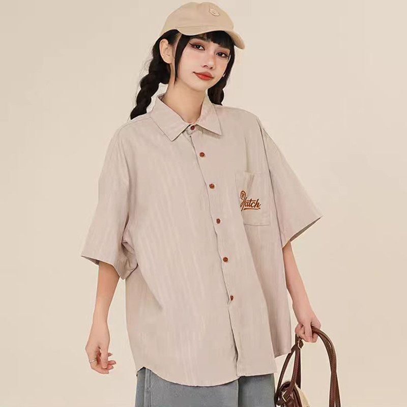 美式复古vintage短袖衬衫女夏季新款宽松百搭学院风上衣别致衬衣