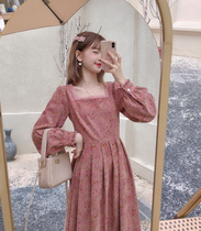 MOBAI homemade pink ink girl corduroy retro dress womens autumn and winter new inner tie thin floral dress