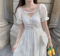 MOBAI homemade kapok jacquard simulation silk wrinkle French retro dress waist thin V-neck butterfly skirt for women