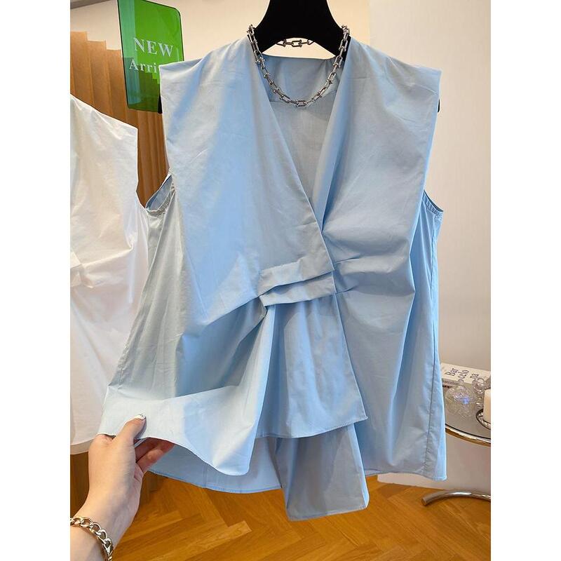 European Design Niche Blue V-Neck Shirt for Women 2025 New Summer Loose Unique Sleeveless Top