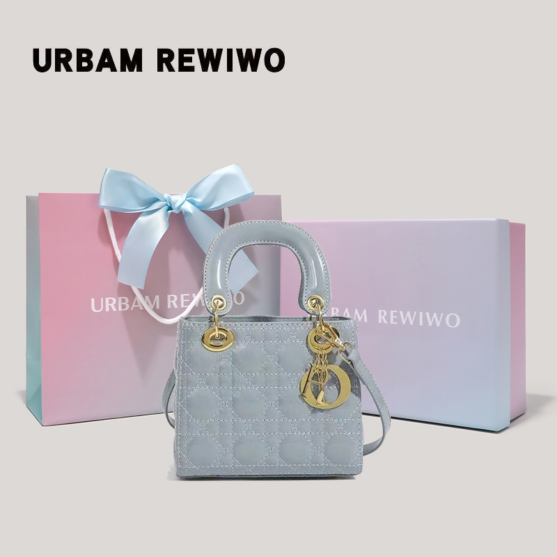 URBAM REWIWO 公式本物のパテントレザープリンセスダイアナバッグ新しいハイエンドテクスチャー菱形刺繍ライン手持ちクロスボディバッグ