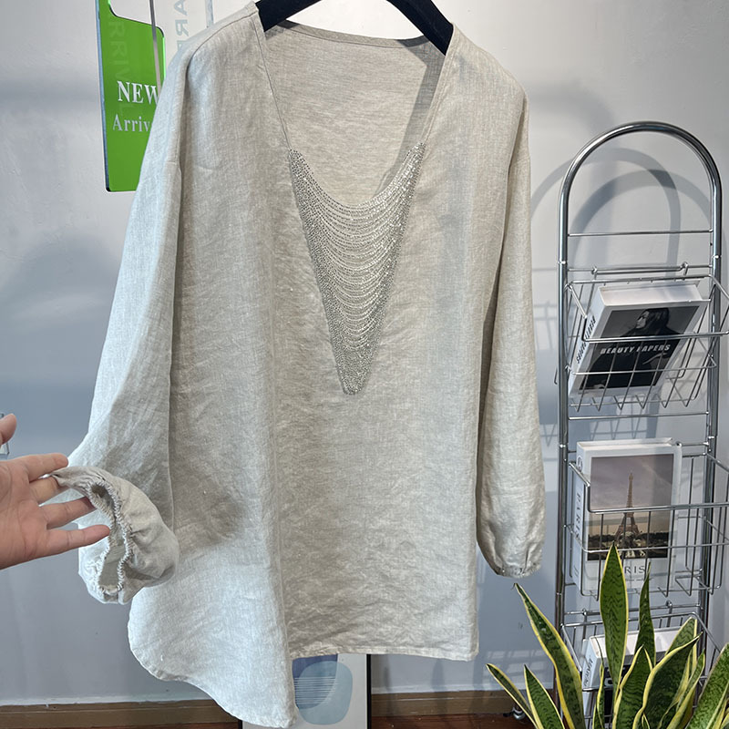 European Style Oversized T-Shirt Casual Lazy Style V-Neck Lace Hollow Long-Sleeve Shirt for Women Loose Slimming Fashion Pullover Top