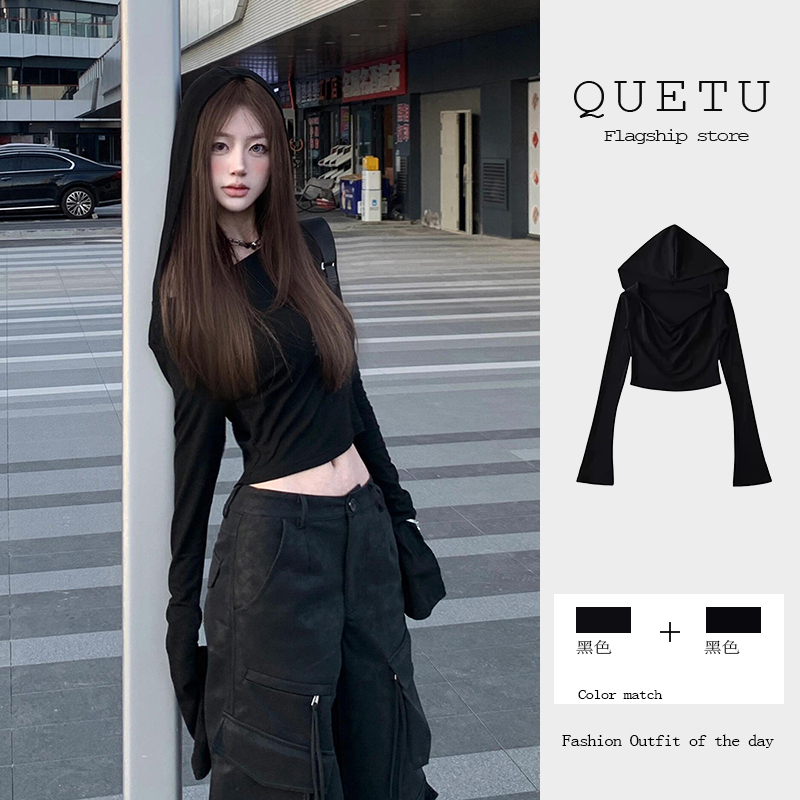 American Retro Hooded Long-Sleeved T-Shirt for Women, New Spring Style Sweet and Chic Short Crop Top