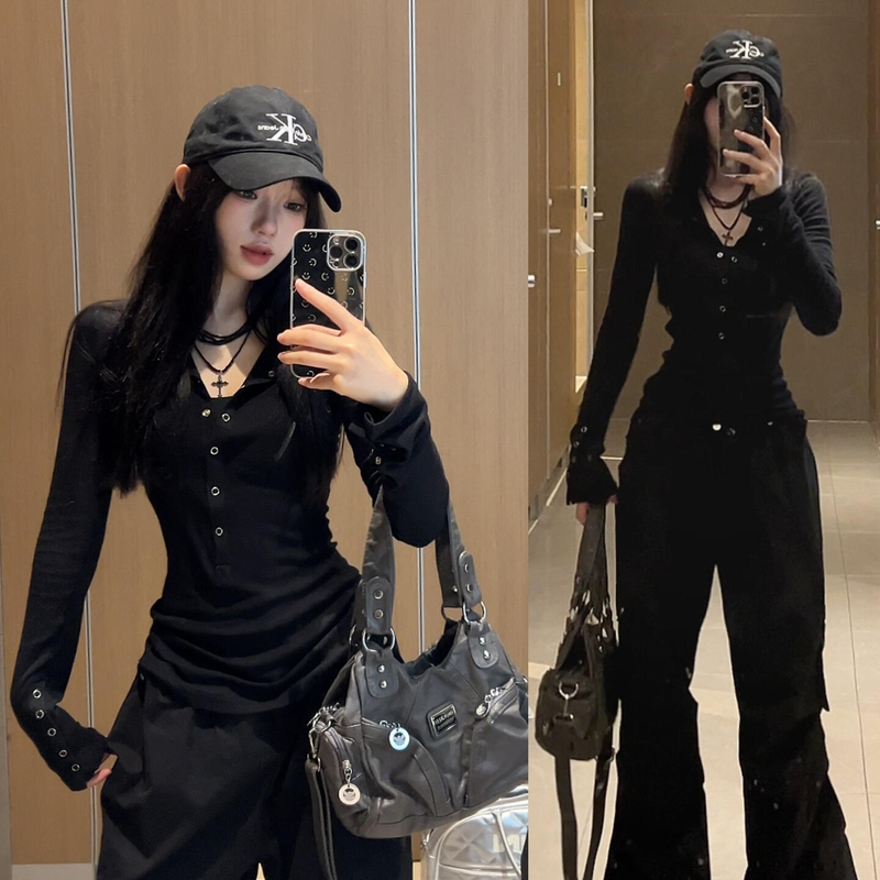 American Retro Black V-Neck Long-Sleeve T-Shirt for Women, Spring Slim-Fit Waist-Cinching Design, Niche Style Spicy Girl Top