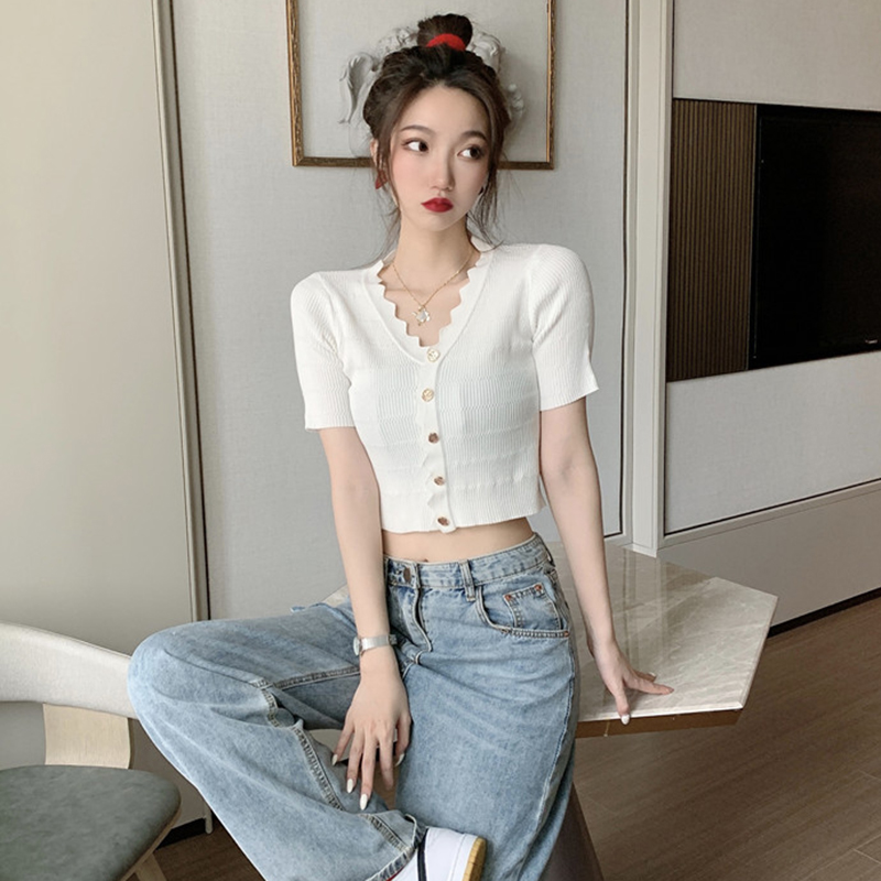 Sóng gọng mùa hè V-cổ hàng dệt kim mới ins đầu mini-cardigan sexy phụ nữ cởi khuy t-shirt của