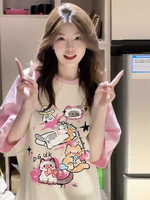 Pink Pure Cotton Raglan Short-Sleeve T-Shirt for Girls, Suitable for Middle and High School Students, with a Unique Design and Contrasting Colors