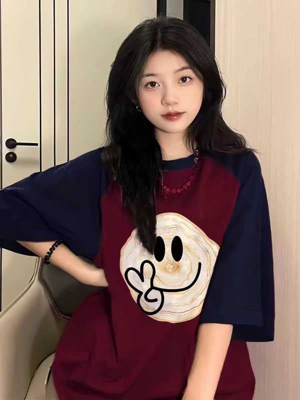 Burgundy Raglan Short-Sleeve T-Shirt for Girls, Dopamine Style Outfit for Middle and High School Students, Loose Half-Sleeve Top