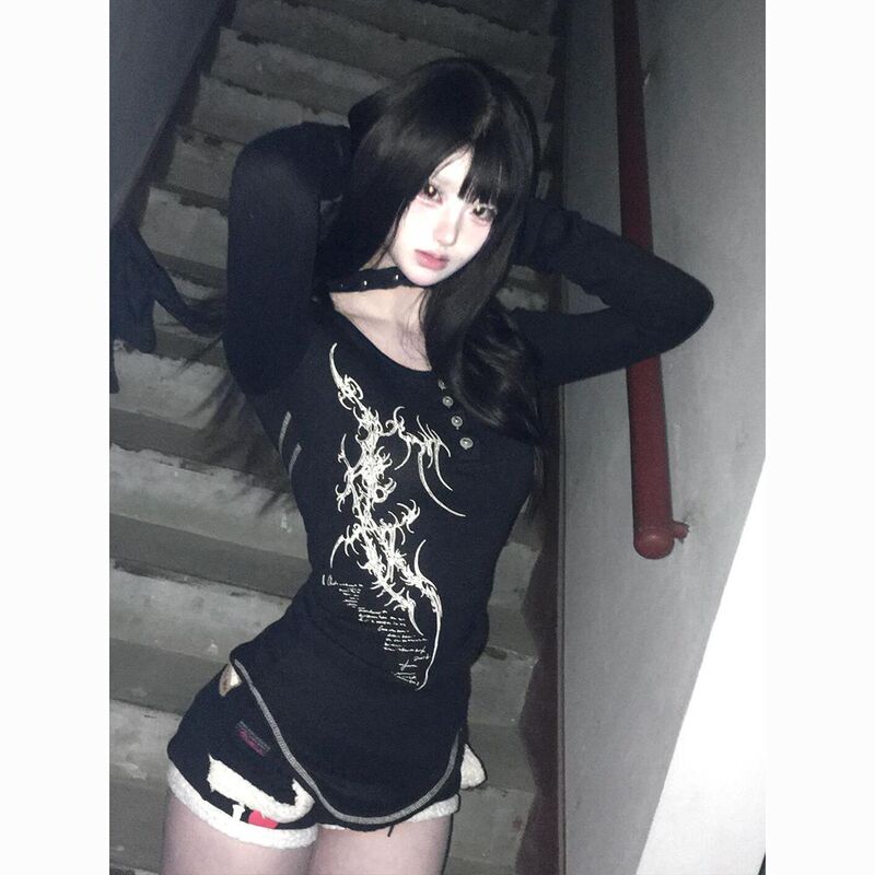 Japanese Y2K Culture Long-Sleeve T-Shirt for Women, Autumn Millennium Hot Girl Y2K Inner Layering Shirt, Slim Fit Punk Top Japanese Y2K Culture Long-Sleeve T-Shirt for Women, Autumn Millennium Hot Girl Y2K Inner Layering Shirt, Slim Fit Punk Top