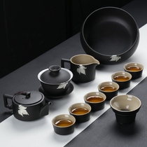 Ceramic household simple living room office set of rough pottery teapot Cover bowl side pot Japanese black pottery tea set