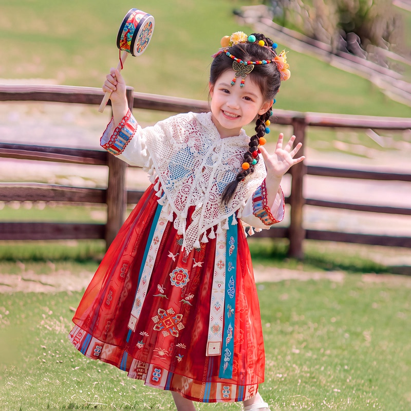 Qibao Hanfu for Girls, Spring and Autumn 2026 New Style, Children's New Chinese Style Tang Suit, Ethnic Style Tibetan Clothing, Long-Sleeved Ancient Costume