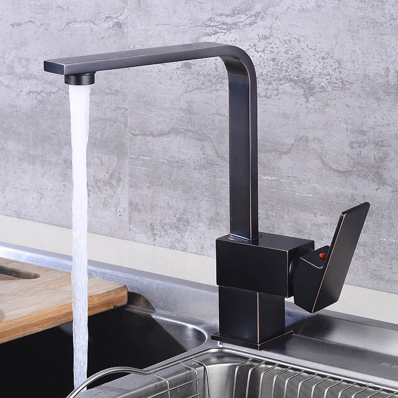 Copper black kitchen faucet hot and cold American washbasin double sink household washbasin anti-splash water rotary faucet