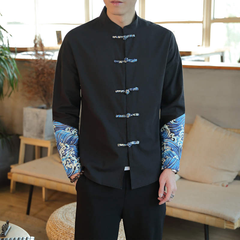 Chinese wind disc buckle men's long sleeve shirt Chinese style Tang suit upright collar shirt retro style with large size for men's casual blouse
