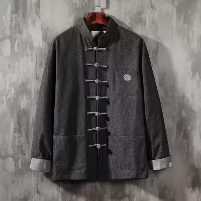 Chinese style Tang suit Chinese style men's clothing clasp denim jacket youth Zen clothing National style tea clothing