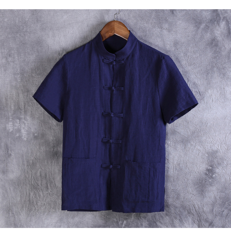 Trung Quốc Tang phù hợp với Hanfu Trung Quốc phong cách quần áo nam nút khóa áo sơ mi vải lanh mùa hè quốc gia trang phục thanh niên cotton ngắn tay đồ bộ đẹp