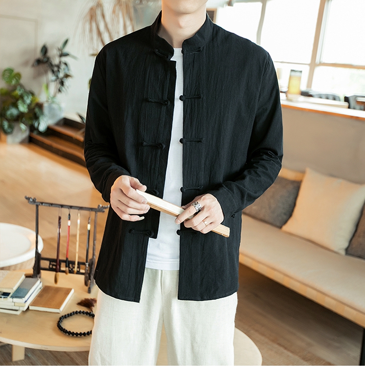 Bộ đồ Trung Quốc cải tiến Hanfu Áo sơ mi nam lanh phong cách Trung Quốc mùa xuân và mùa thu quốc phục thanh niên cotton và tay áo dài trang phục dân tộc thái