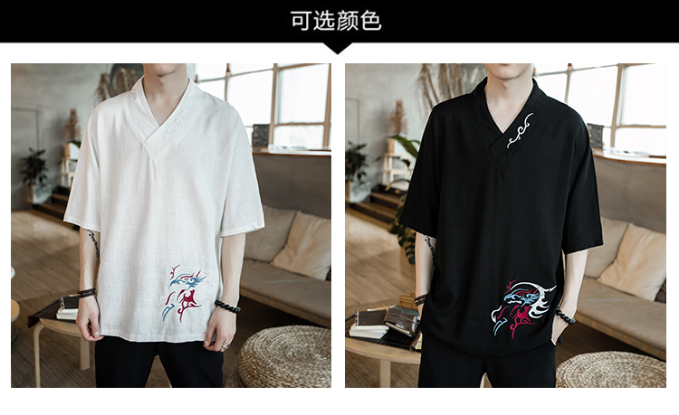 Phong cách trung quốc Tang phù hợp với cải thiện Hanfu thêu linen nam mùa hè Trung Quốc cotton ngắn tay thanh niên nằm trang phục dân tộc