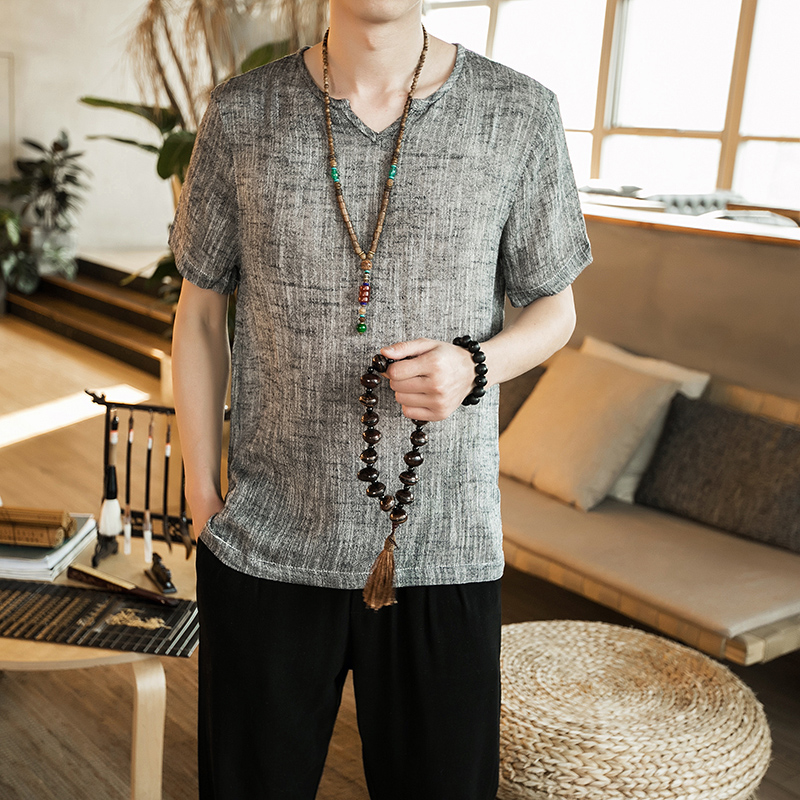 Chinese style men's thin section V-neck linen t-shirt men's short-sleeved shirt hemp material retro cotton linen half-sleeved top summer