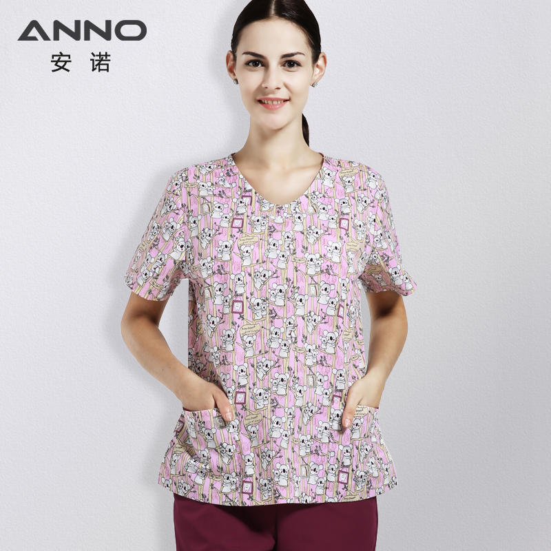 ANNO ANNO Scallop Printed Short Sleeve Doctor Nurse Overalls Beauty Salon Pet Hospital 16SS052