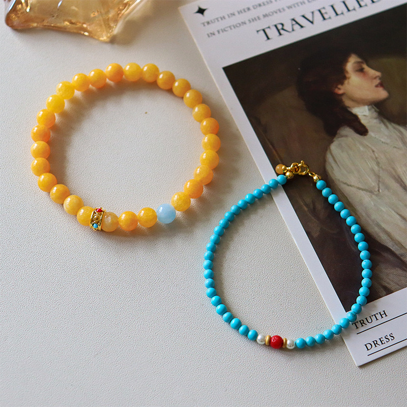 Original New Chinoiserie Accessible Luxury Simple Natural Stone Turquoise Beaded Bracelet for Women Summer High-End Fashion Niche Bracelet