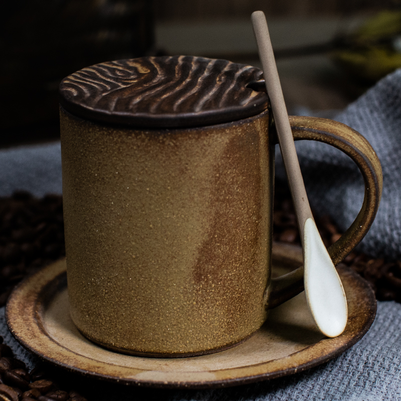 Coarse Pottery Coffee Cup Disc Suit Group Handmade Day Style Retro Coffee Cup Art Cup Ceramic Hand Sprint Coffee Cup With Lid