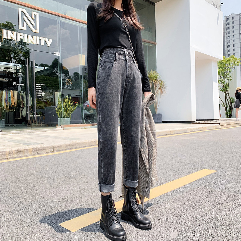 Tobacco Grey Jeans Woman 2020 Autumn Clothing New High Waist Loose Straight Cylinder slim Harron Radish Elastic Old Daddy Pants