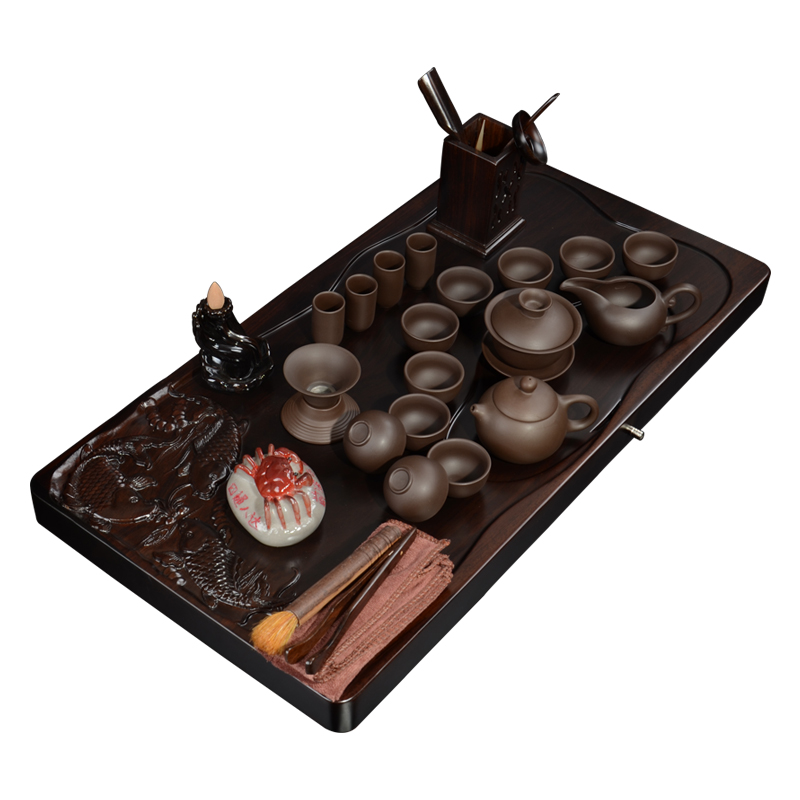Zhuo royal kung fu tea set solid wood ebony purple sand tea consolidation board office home tea table three fish swimming