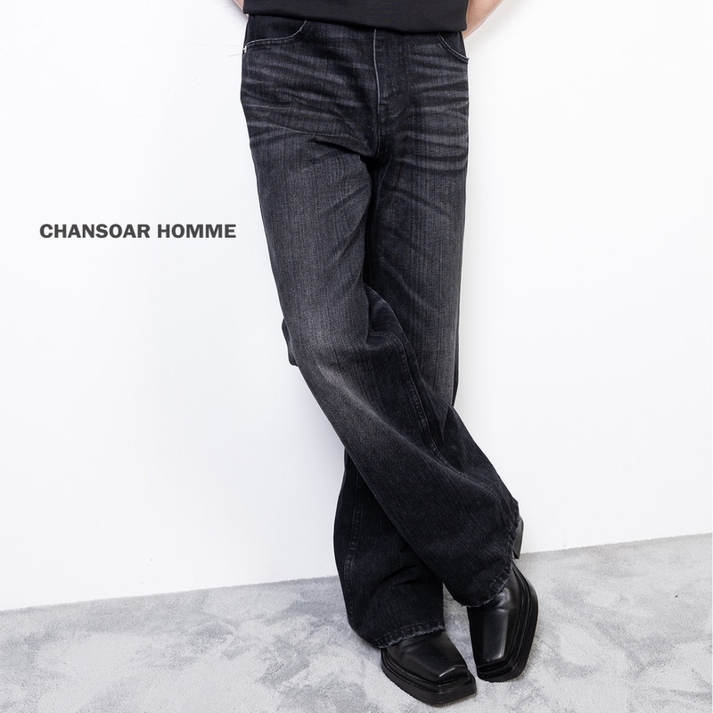 Chansoar Heavy Double-Dyed Slub Vintage Washed Distressed Black Loose Straight-Leg Flared Jeans