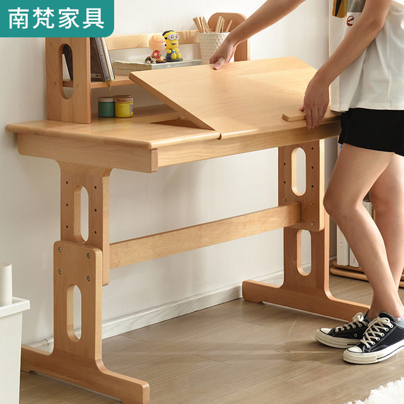 Full solid wood Children's desk Home Small family Desk Primary school students can lift study table and chairs combined with bookshelves