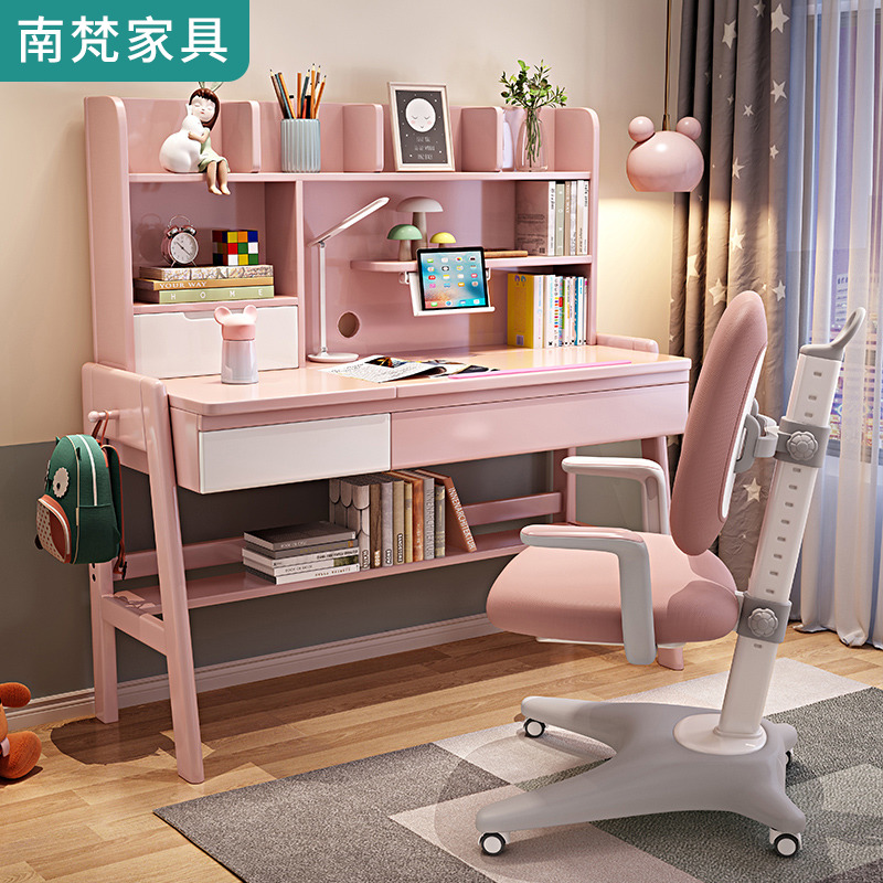 Full Solid Wood Liftable Bookshelf Integrated Desk Primary And Middle School Students Home Desk Desk Girl Bedroom Study Desk