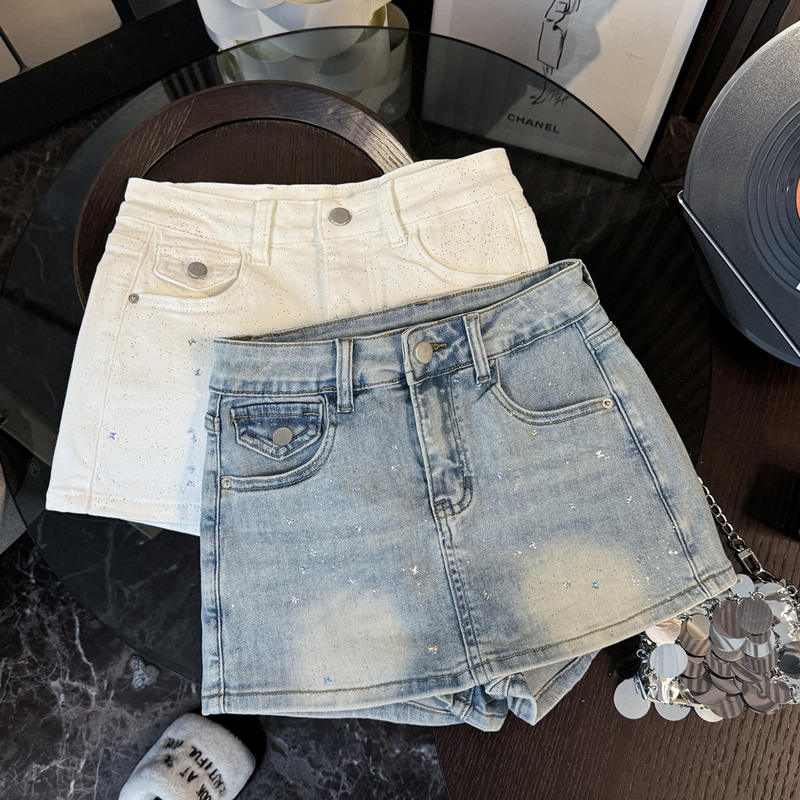 Design-Inspired Butterfly Gold Glitter Rhinestone Embellished High-Waisted A-Line Slimming Stretchy Butt-Lifting Denim Skirt Pants for Summer 2026